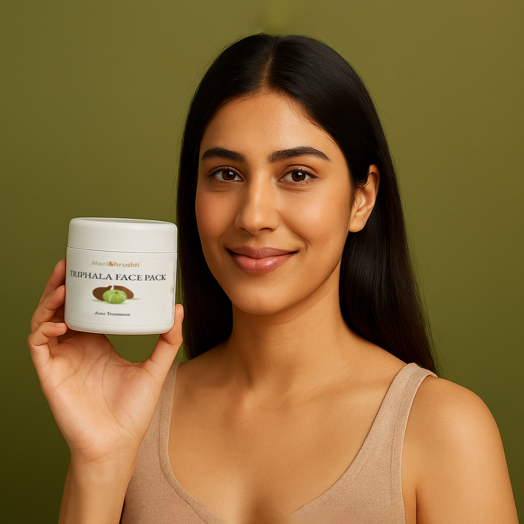 Woman holding a jar of facial cream against a green background